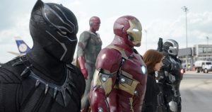 Black Panther/T'Challa (Chadwick Boseman), Vision (Paul Bettany), Iron Man/Tony Stark (Robert Downey Jr.), Black Widow/Natasha Romanoff (Scarlett Johansson), War Machine/James Rhodey (Don Cheadle)